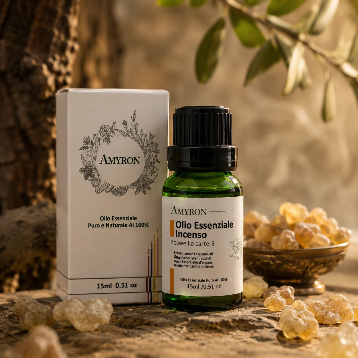 Olio essenziale di incenso AMYRON 15 ml con confezione e resina di Boswellia carterii