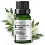 Amyron olio essenziale di cajeput 15 ml puro al 100%, bottiglia verde con etichetta bianca e fiori di Melaleuca cajuputi