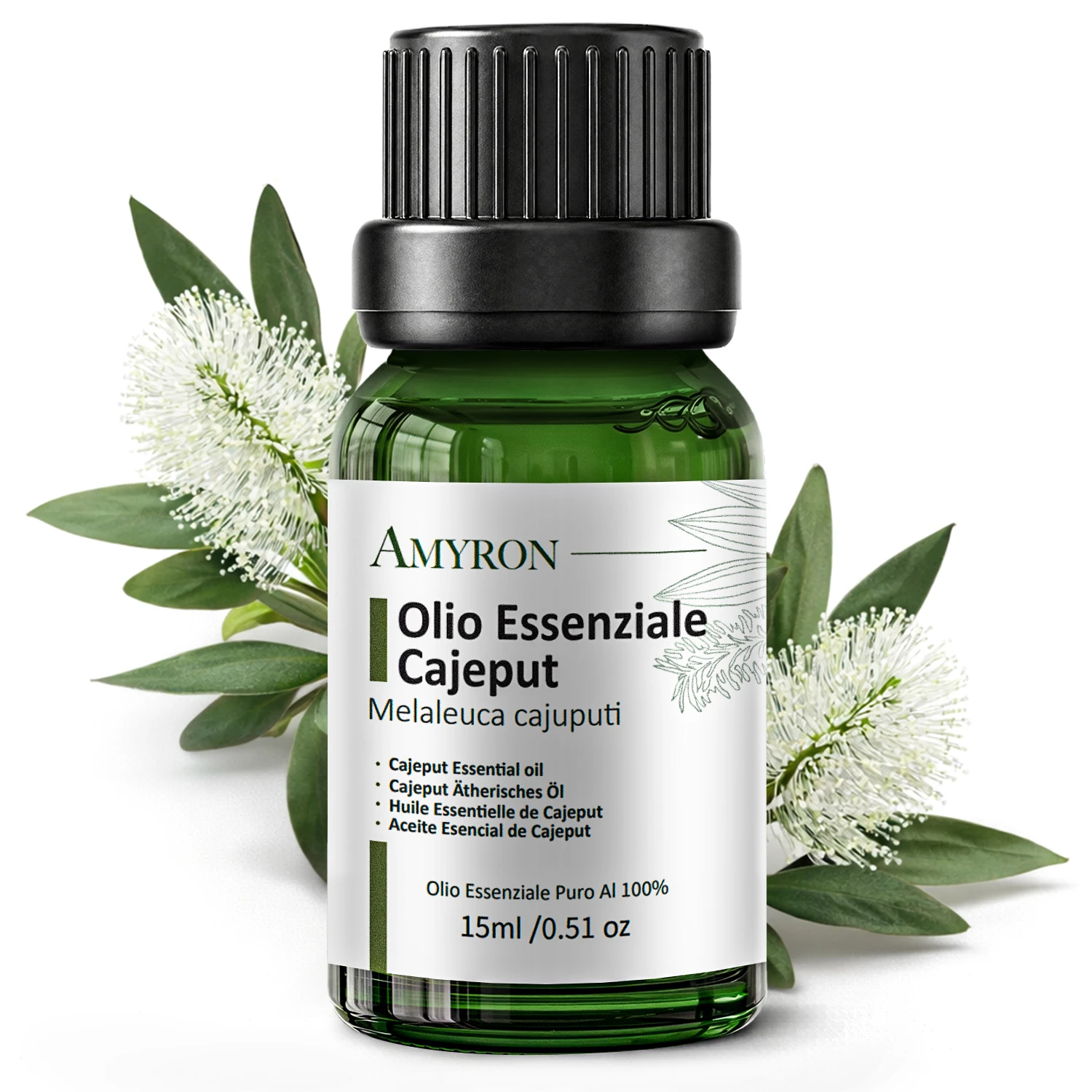 Amyron olio essenziale di cajeput 15 ml puro al 100%, bottiglia verde con etichetta bianca e fiori di Melaleuca cajuputi