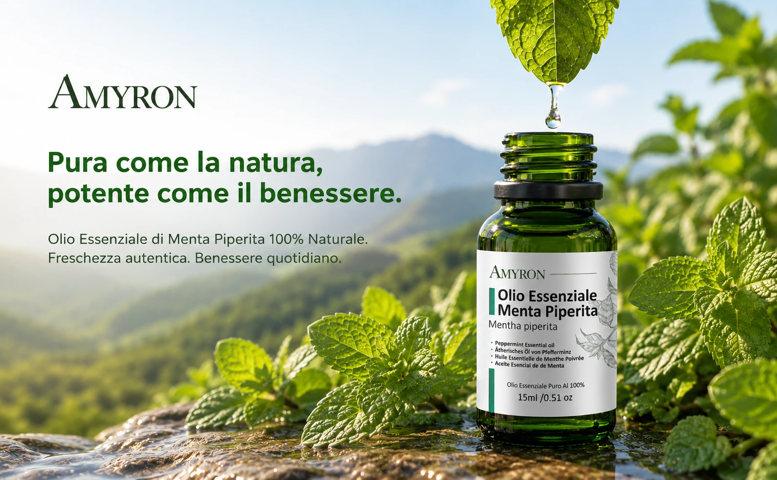 Goccia di olio essenziale di menta piperita AMYRON 100% puro con flacone aperto e foglie fresche di Mentha piperita