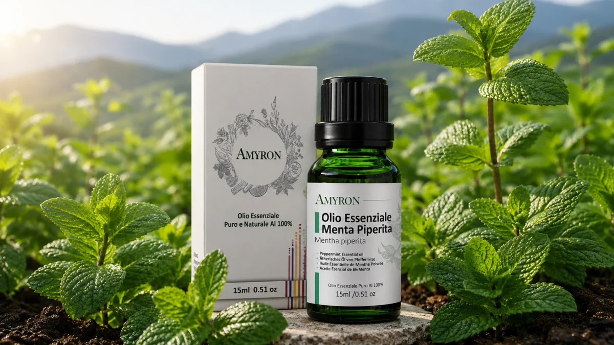 Olio essenziale di menta piperita AMYRON 100% puro e naturale in habitat botanico con foglie fresche di menta