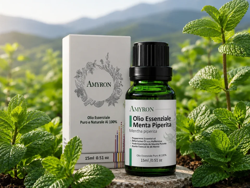 Olio essenziale di menta piperita AMYRON 100% puro e naturale in habitat botanico con foglie fresche di menta