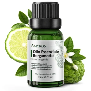 Olio essenziale di bergamotto puro AMYRON 15 ml con scorza e foglie di Citrus bergamia.