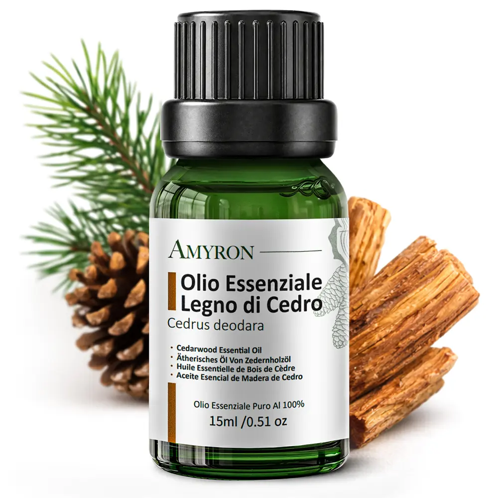 Olio essenziale di Legno di Cedro AMYRON da 15 ml con pigna, ramo verde e legno aromatico di Cedrus deodara