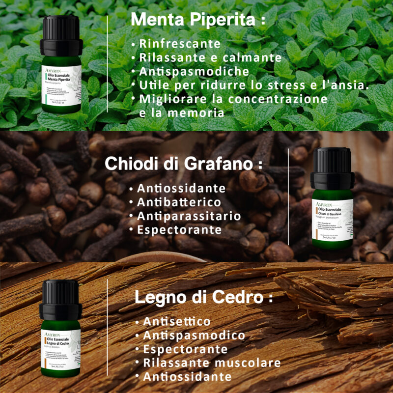 set oli essenziali patchouli-pompelmo-egno di cedro-menta-chiodi-cajeput