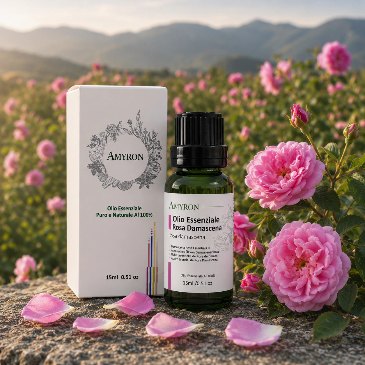 Rose Essential Oil AMYRON 15 ml, olio essenziale di Rosa Damascena con fiori e petali di rosa