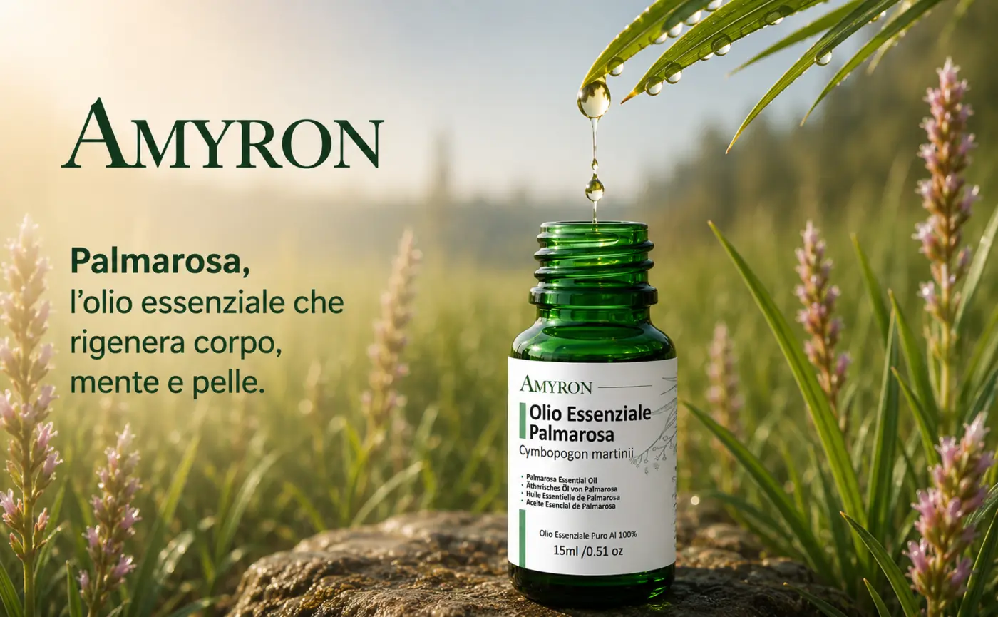 Olio essenziale di Palmarosa naturale AMYRON da 15 ml tra foglie e fiori di Cymbopogon martinii