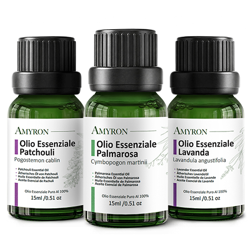 Set Oli Essenziali Buon Umore AMYRON con Palmarosa, Patchouli e Lavanda 100% puri e naturali