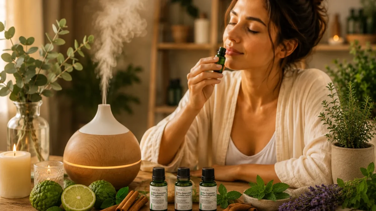 Donna che pratica aromaterapia annusando un olio essenziale AMYRON con diffusore e oli essenziali naturali in un ambiente rilassante.