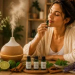 Donna che pratica aromaterapia annusando un olio essenziale AMYRON con diffusore e oli essenziali naturali in un ambiente rilassante.