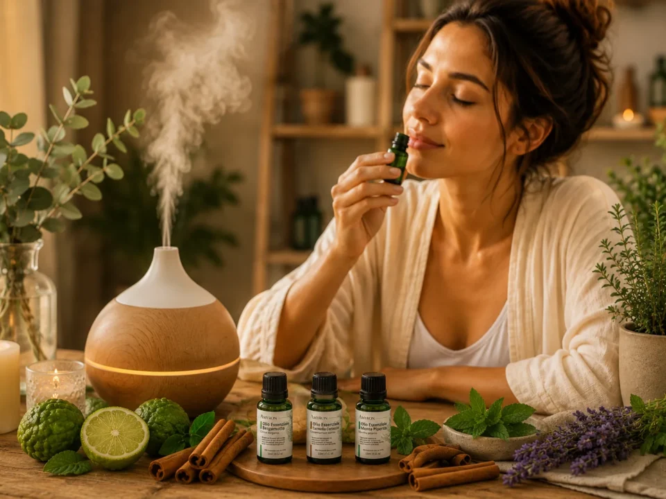 Donna che pratica aromaterapia annusando un olio essenziale AMYRON con diffusore e oli essenziali naturali in un ambiente rilassante.