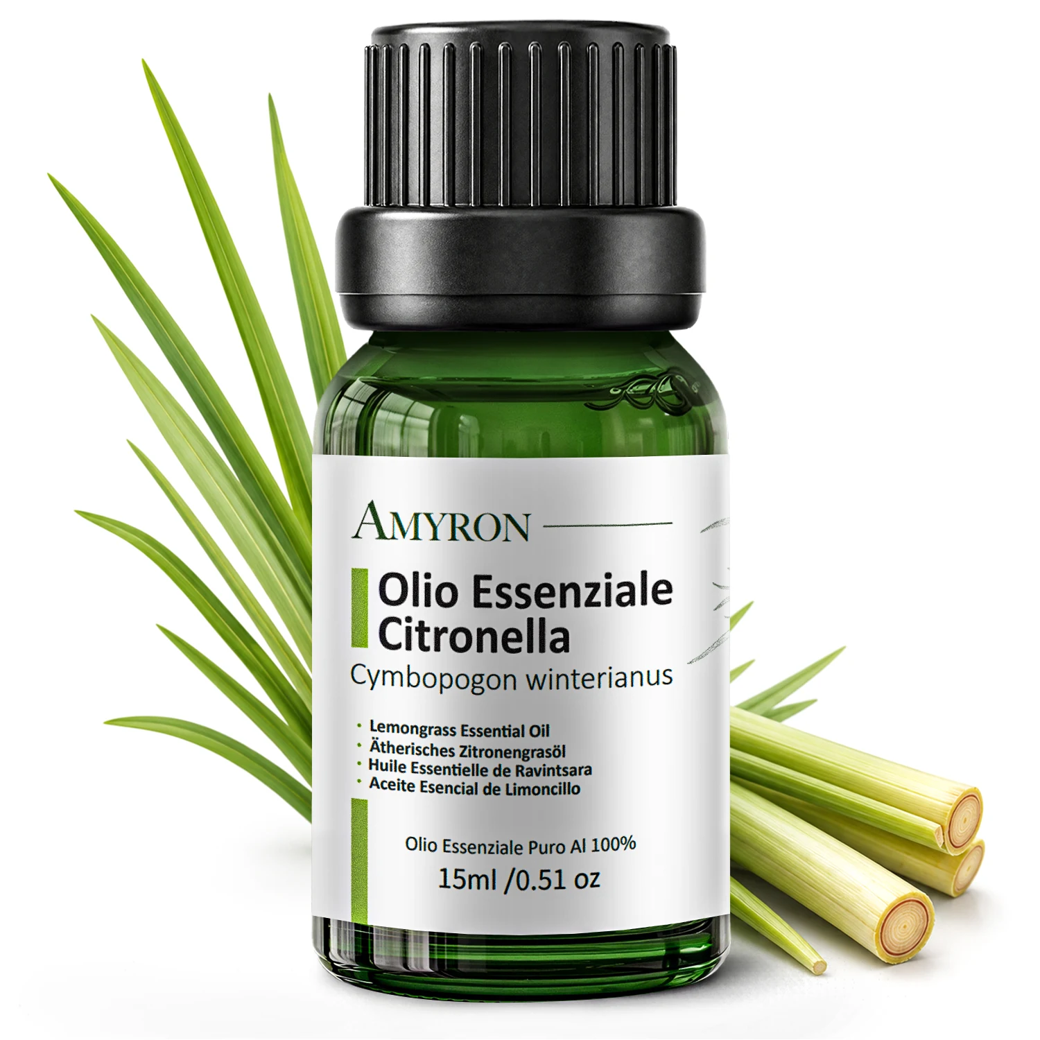 Olio essenziale di Citronella AMYRON puro da 15 ml con foglie e steli