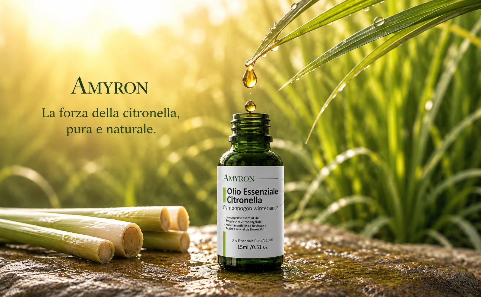 Goccia di olio essenziale di Citronella puro che cade nel flacone AMYRON