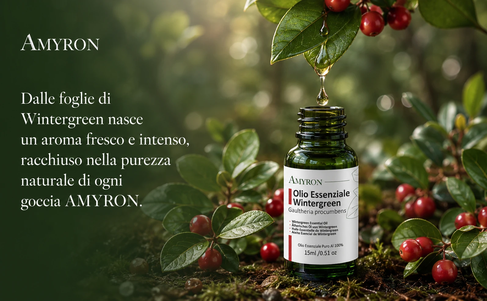 Goccia di olio essenziale Wintergreen AMYRON da foglie fresche