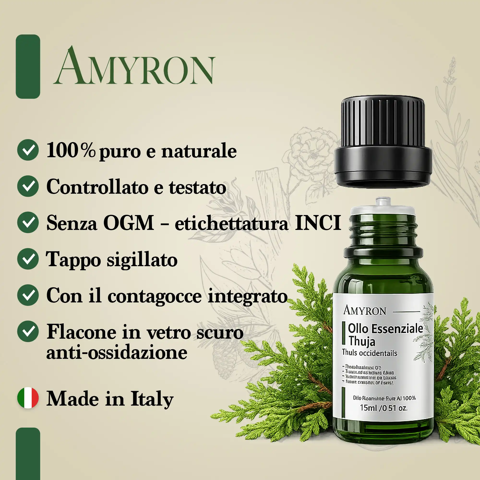 Olio essenziale Thuja AMYRON 15 ml con confezione originale e pianta botanica