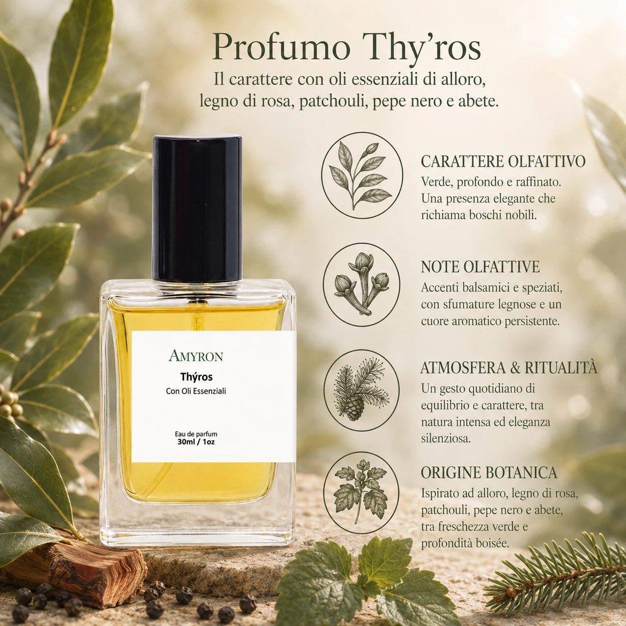 Profumo botanico Thy’ros AMYRON con oli essenziali naturali e ingredienti legnosi