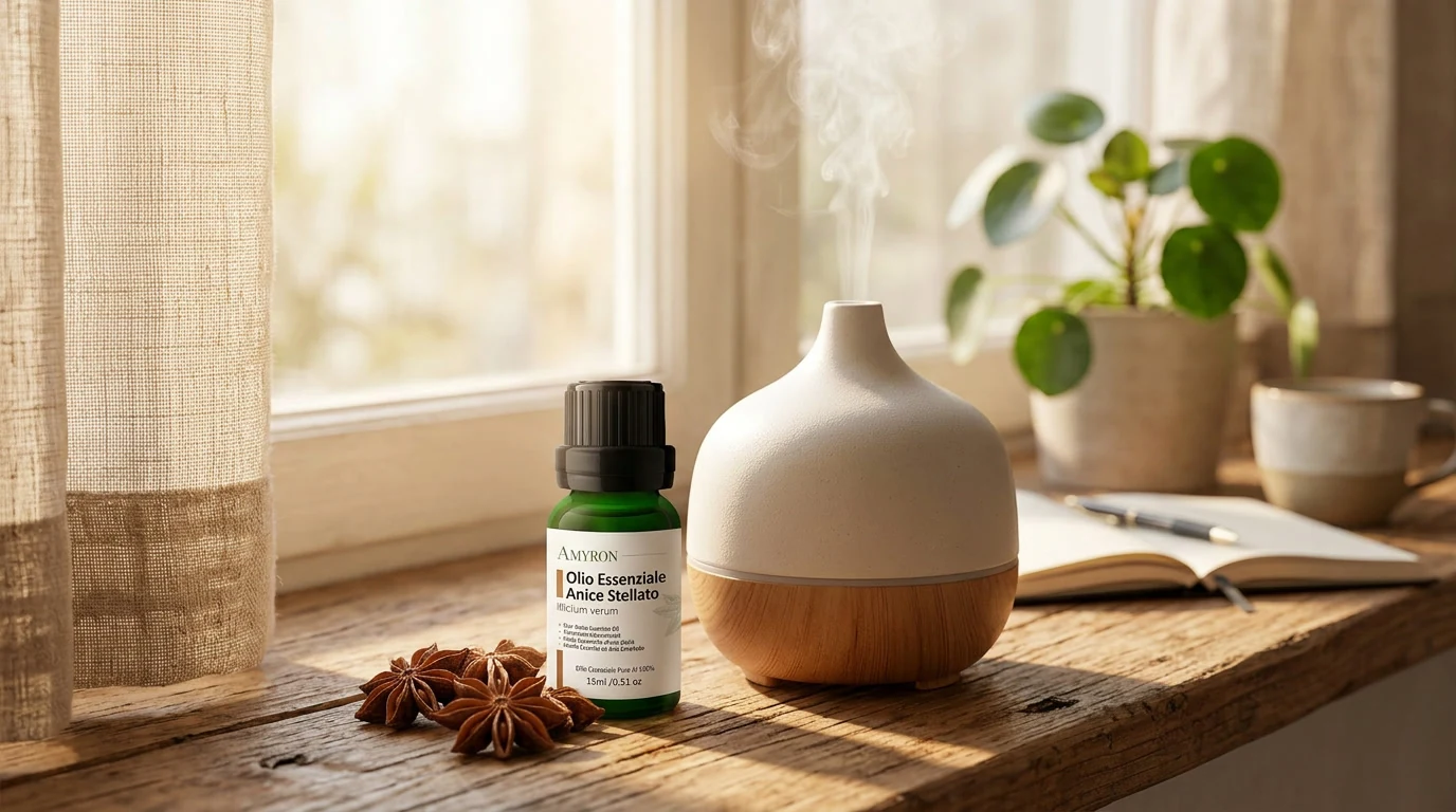 Olio essenziale di Anice Stellato AMYRON accanto a un diffusore per aromaterapia