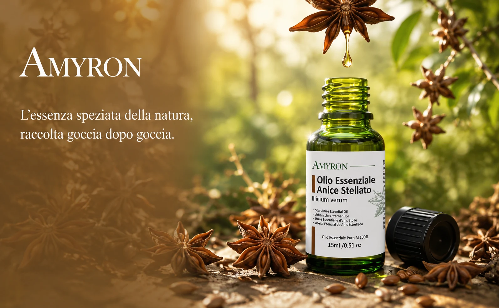 Goccia di olio essenziale di Anice Stellato che cade nel flacone AMYRON aperto