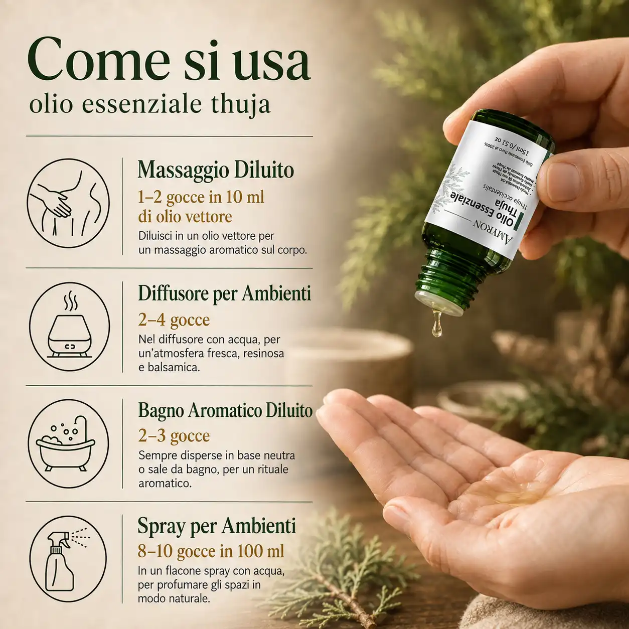 Olio essenziale di Thuja AMYRON 15 ml con confezione, ambientato tra piante verdi