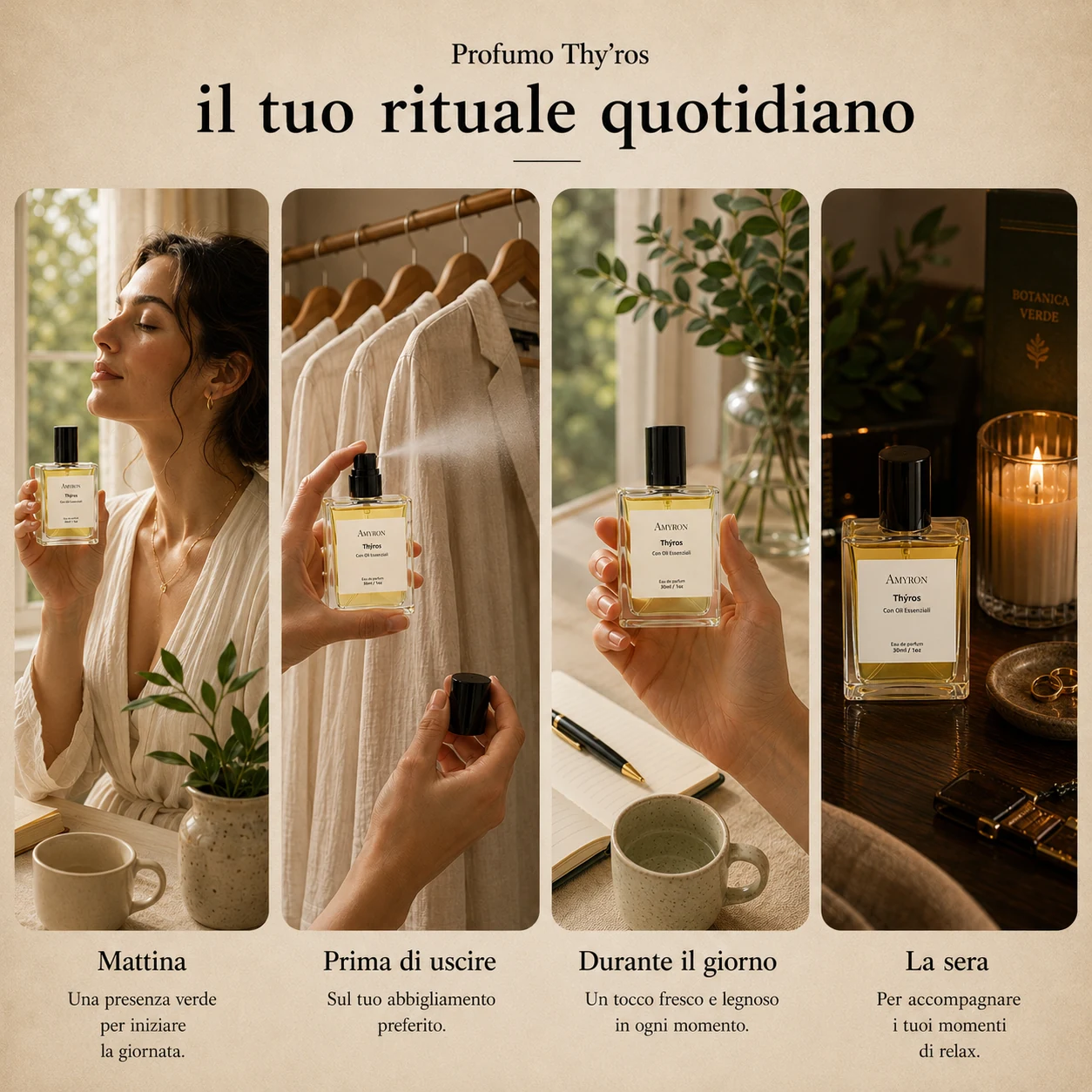 Profumo botanico Thy’ros AMYRON nel rituale quotidiano dal mattino alla sera