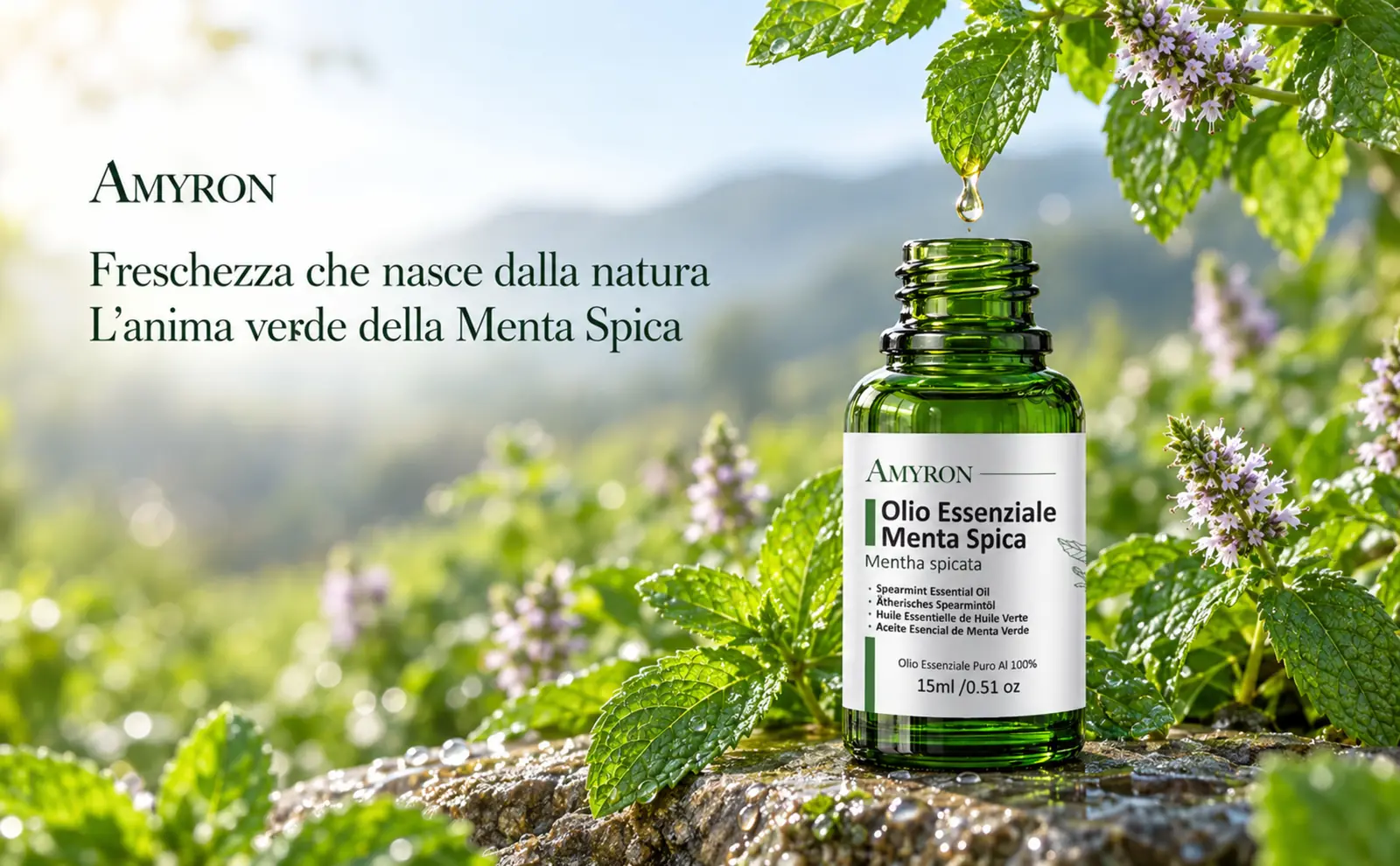 Olio essenziale di Menta Spica AMYRON con rametto di menta che lascia cadere una goccia nel flacone