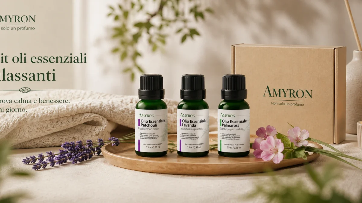 Kit di oli essenziali rilassanti AMYRON con Lavanda, Patchouli e Palmarosa in confezione regalo per aromaterapia e benessere.