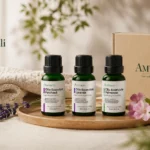 Kit di oli essenziali rilassanti AMYRON con Lavanda, Patchouli e Palmarosa in confezione regalo per aromaterapia e benessere.