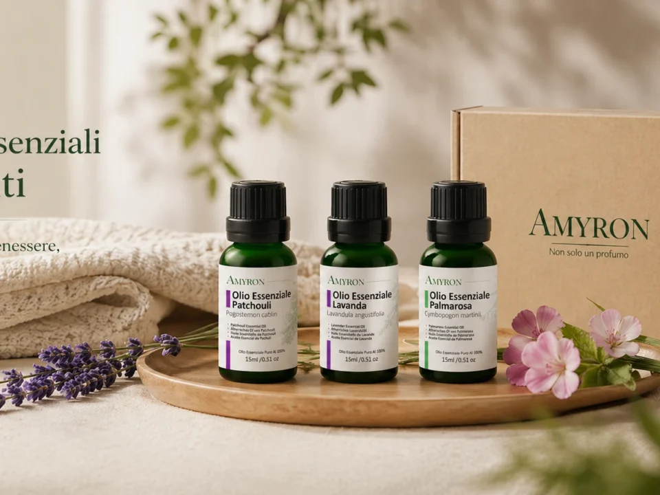 Kit di oli essenziali rilassanti AMYRON con Lavanda, Patchouli e Palmarosa in confezione regalo per aromaterapia e benessere.