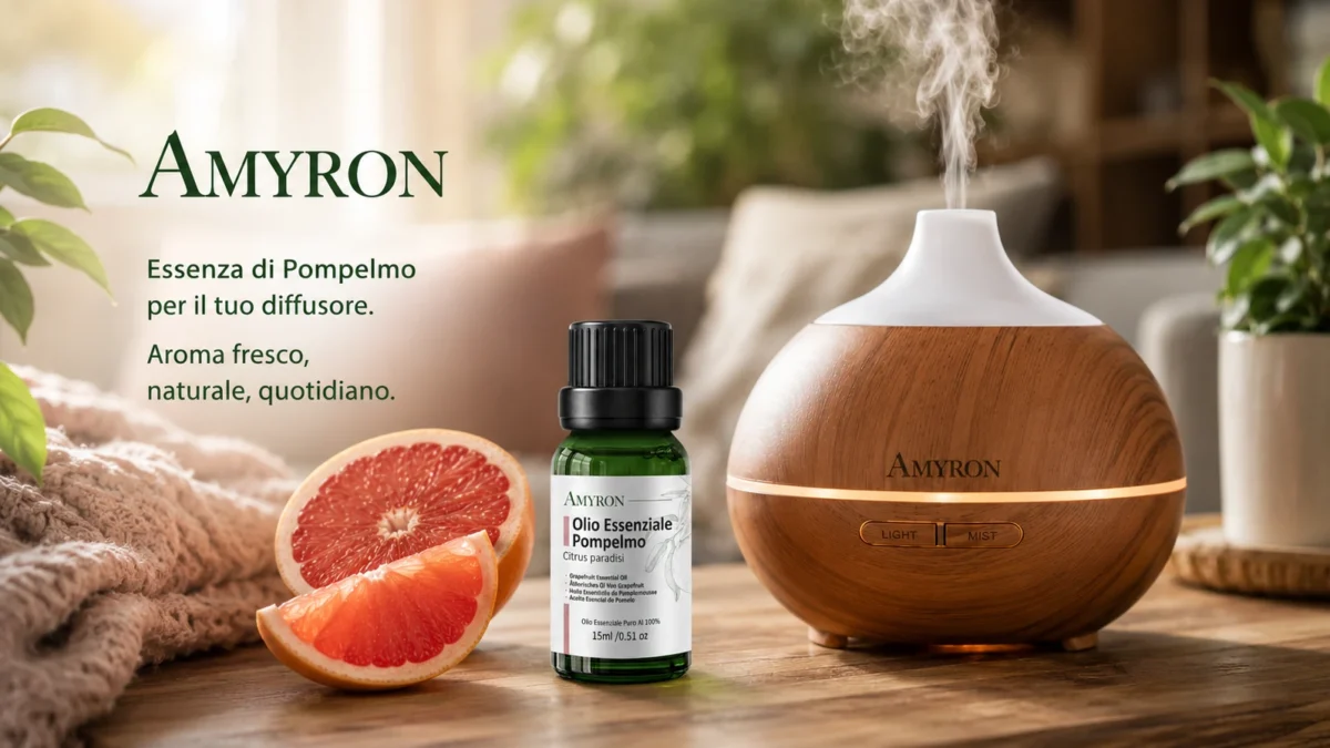 Diffusore per aromaterapia con olio essenziale di pompelmo AMYRON puro 100% in ambiente domestico.