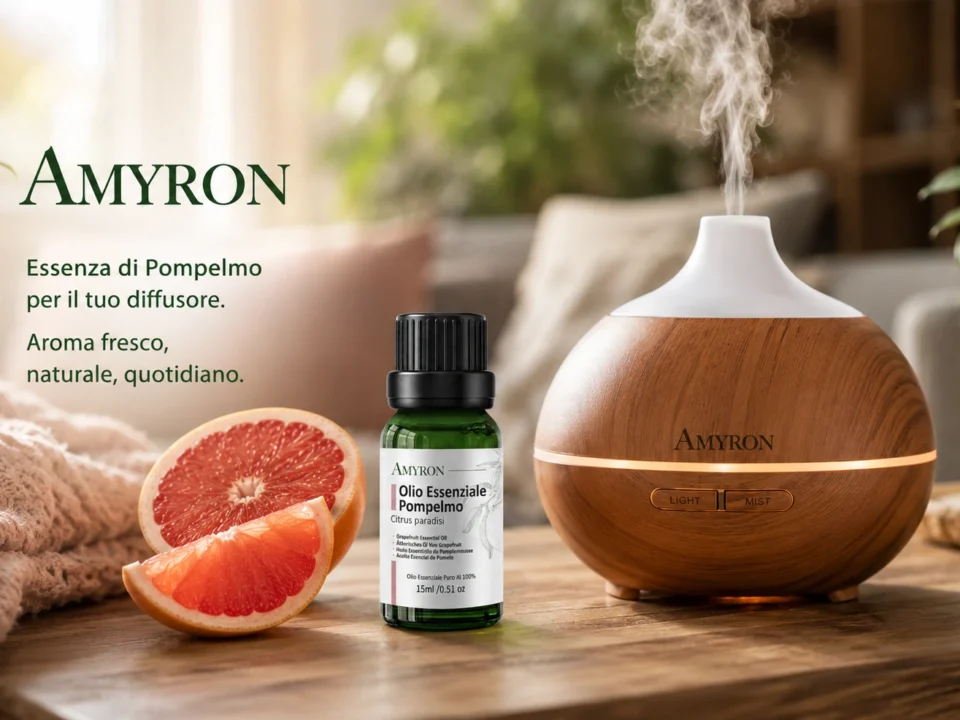 Diffusore per aromaterapia con olio essenziale di pompelmo AMYRON puro 100% in ambiente domestico.