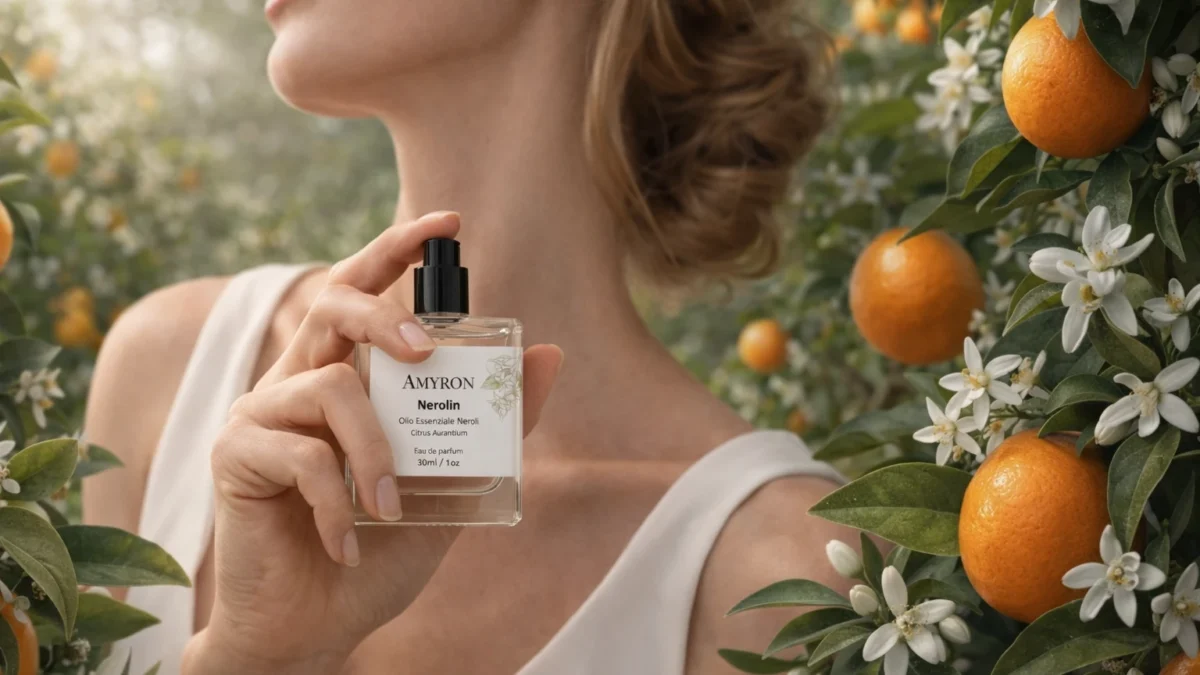 Profumo Nerolin AMYRON con fiori di arancio e agrumi, eau de parfum naturale ispirato al neroli.