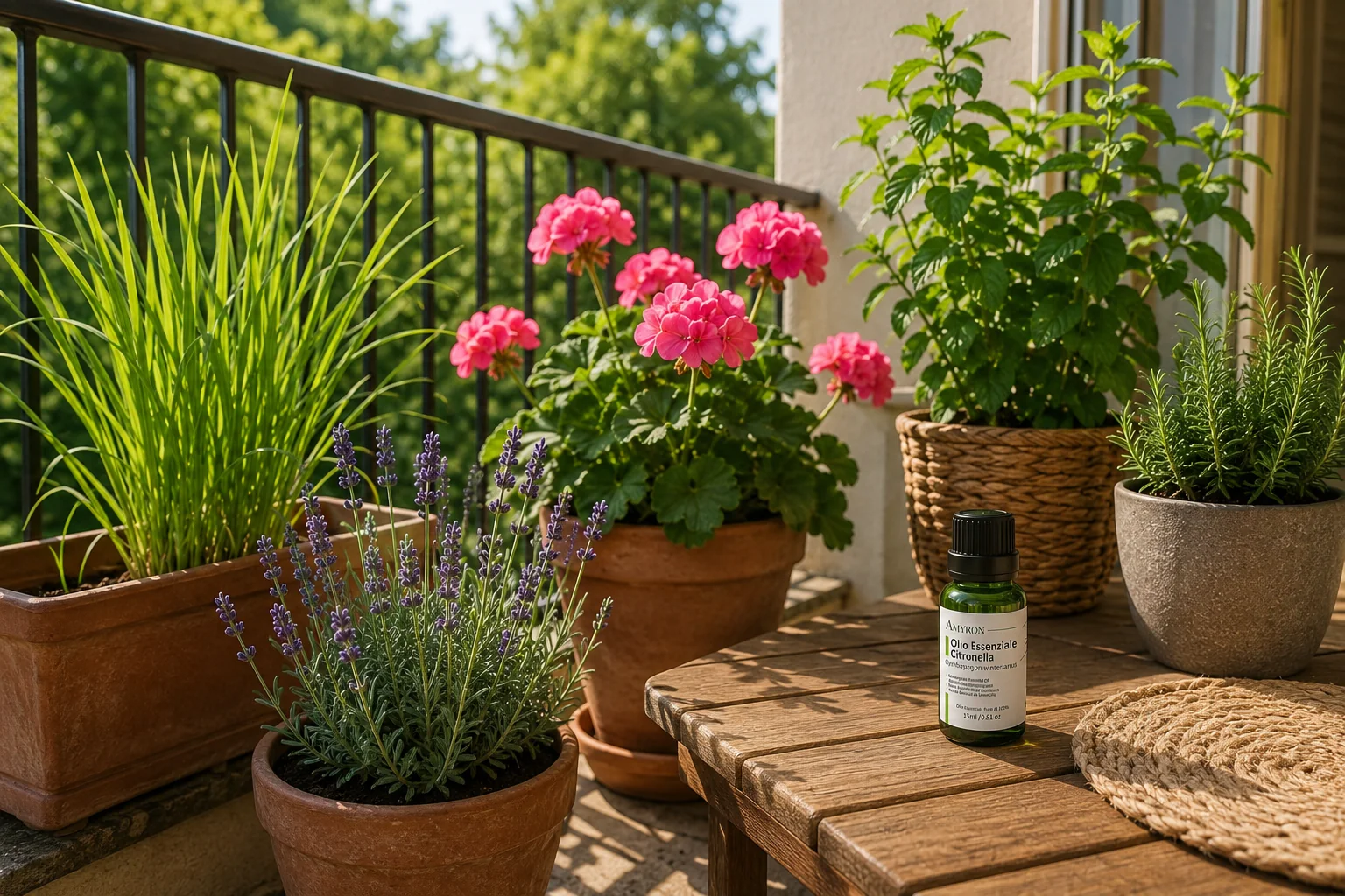 Citronella, geranio e lavanda possono contribuire a creare sul balcone una profumazione fresca e naturale.