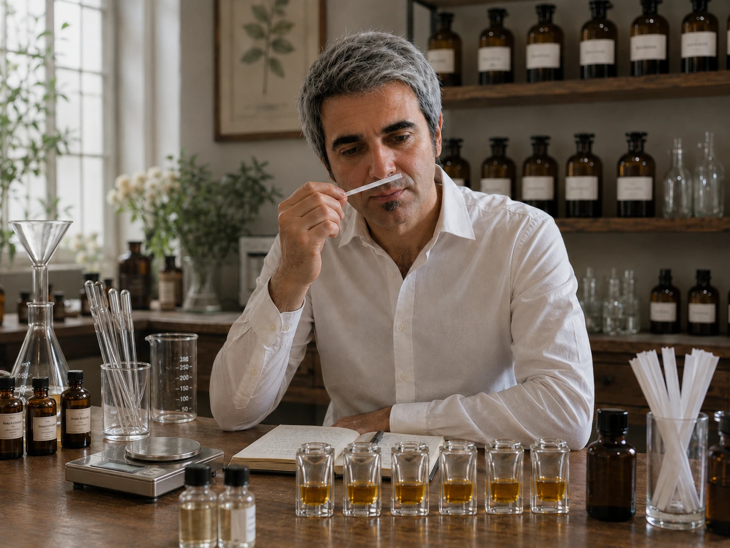 Fondatore AMYRON durante la selezione degli oli essenziali nel laboratorio artigianale