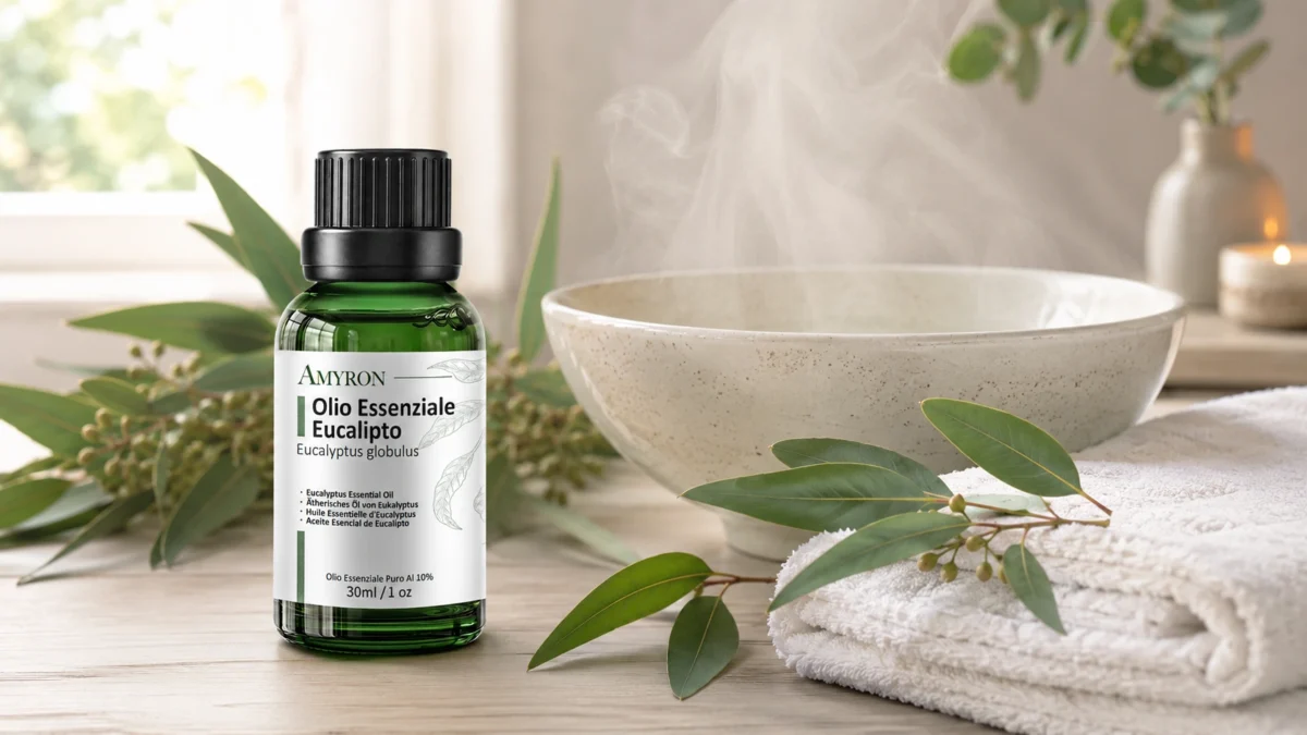 Amyron olio essenziale di eucalipto per aromaterapia e suffumigi con ciotola fumante e foglie di eucalipto