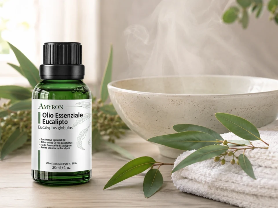 Amyron olio essenziale di eucalipto per aromaterapia e suffumigi con ciotola fumante e foglie di eucalipto