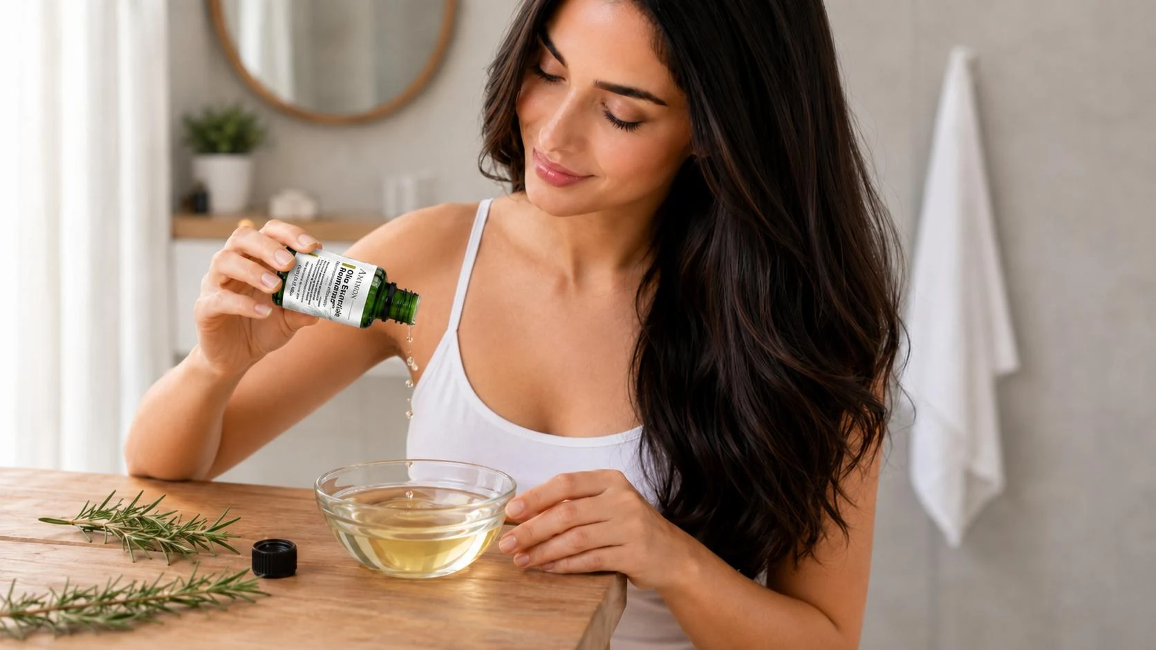 Diluizione dell’olio essenziale di rosmarino AMYRON in olio vettore per capelli
