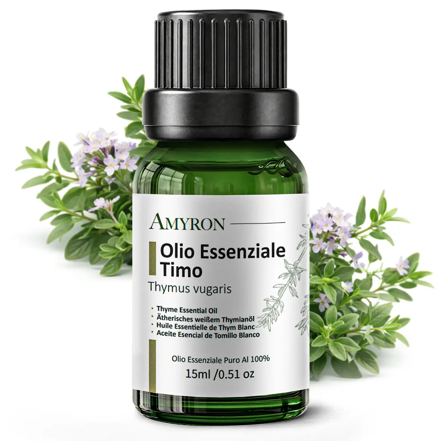 Olio essenziale di timo AMYRON con scatola e flacone 15 ml tra piante di Thymus vulgaris in ambiente naturale