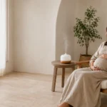 Donna incinta seduta accanto a un diffusore acceso durante un approfondimento sulla sicurezza degli oli essenziali in gravidanza