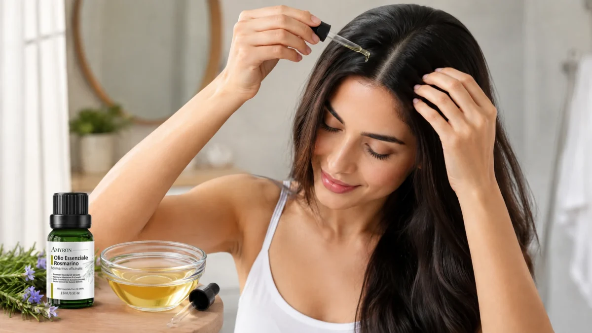 Olio essenziale di rosmarino AMYRON applicato sui capelli e sul cuoio capelluto con olio vettore