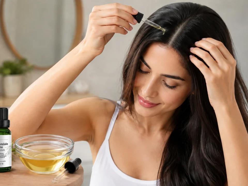 Olio essenziale di rosmarino AMYRON applicato sui capelli e sul cuoio capelluto con olio vettore