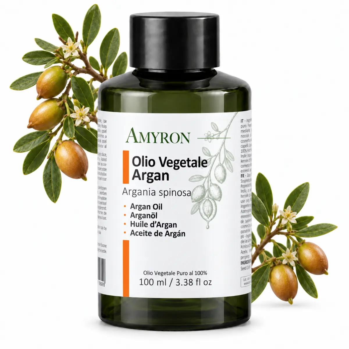 Olio di argan puro AMYRON da 100 ml con foglie, fiori e frutti di Argania spinosa