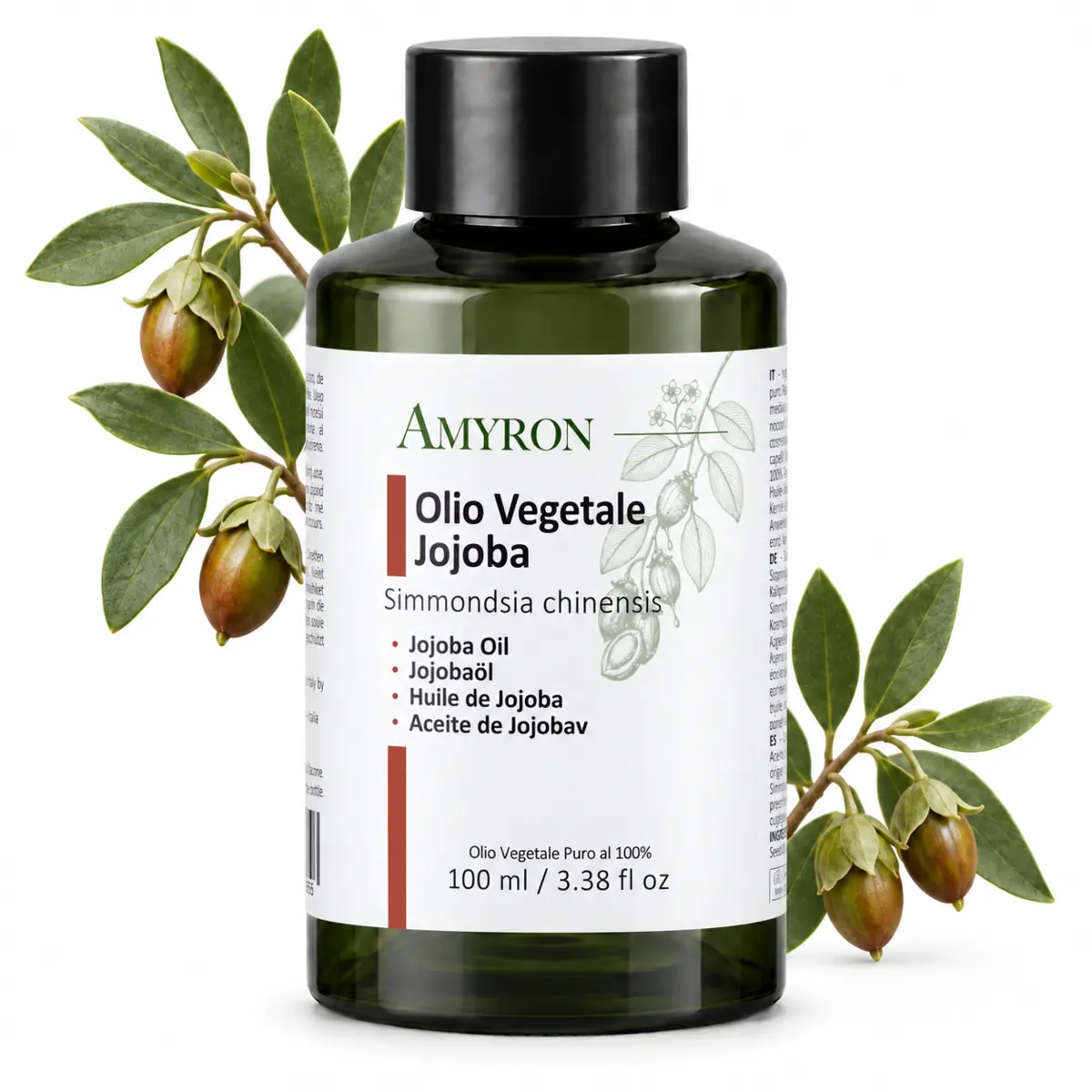 Olio di jojoba puro AMYRON da 100 ml con semi e foglie di Simmondsia chinensis