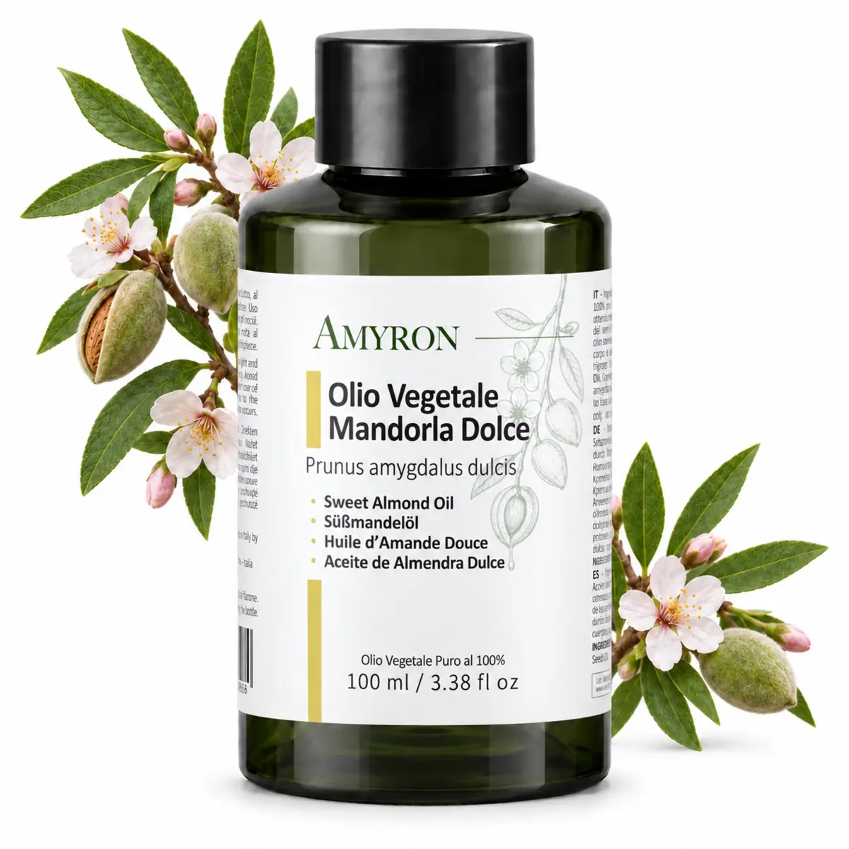 Olio di mandorla dolce puro AMYRON da 100 ml con fiori e frutti di Prunus amygdalus dulcis