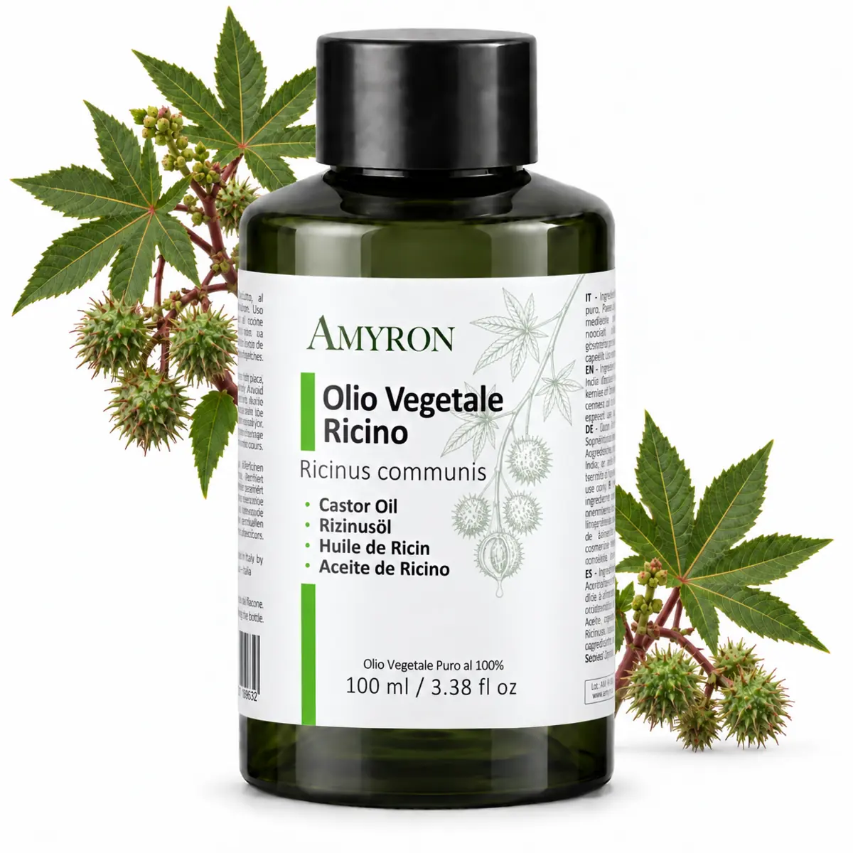 Olio di ricino puro AMYRON da 100 ml con foglie e capsule verdi di Ricinus communis