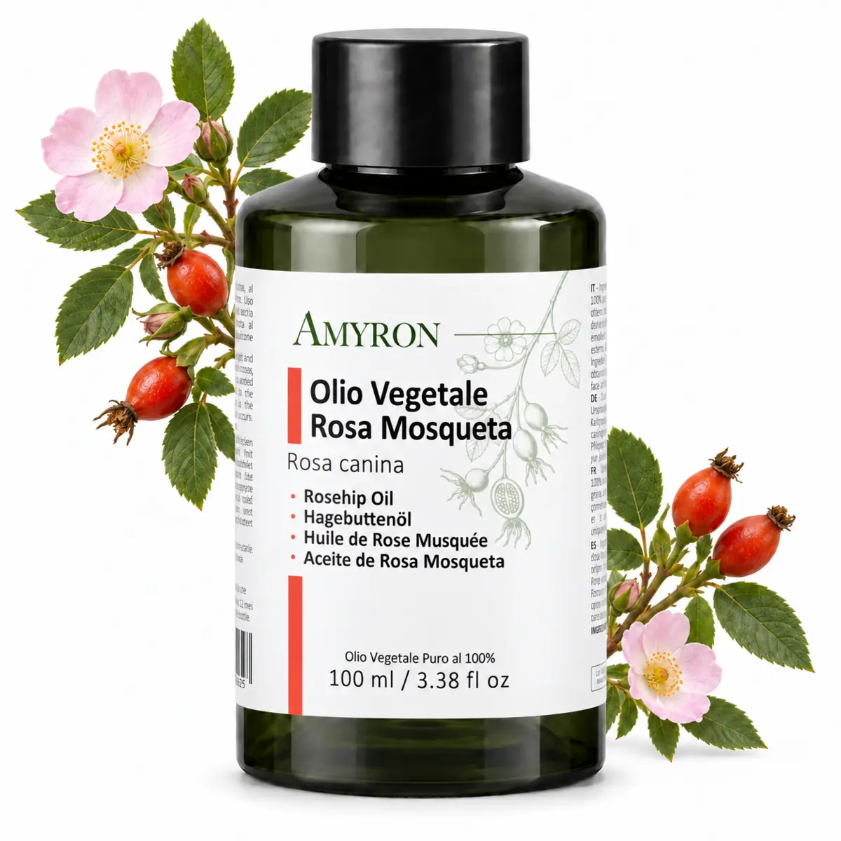 Olio di rosa mosqueta puro AMYRON da 100 ml con fiori e cinorrodi di Rosa canina