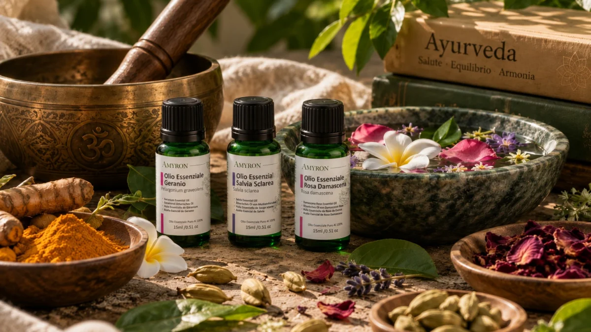 Rituale ayurvedico con oli essenziali AMYRON, ciotola con fiori e ingredienti botanici naturali
