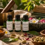 Rituale ayurvedico con oli essenziali AMYRON, ciotola con fiori e ingredienti botanici naturali