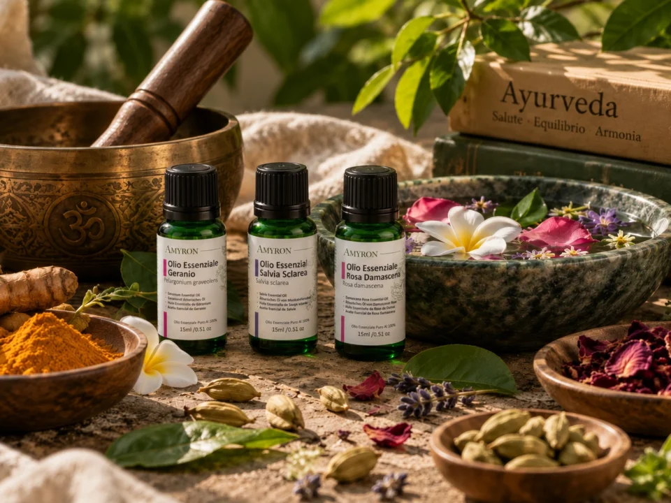 Rituale ayurvedico con oli essenziali AMYRON, ciotola con fiori e ingredienti botanici naturali