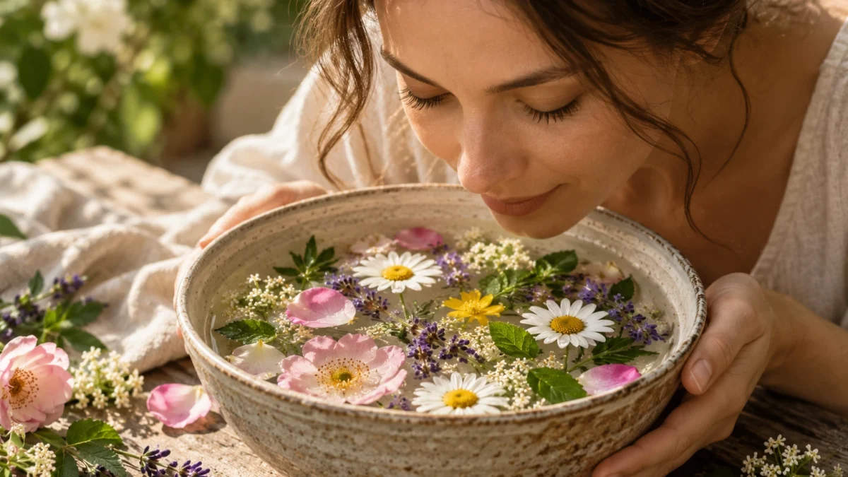 Ragazza che annusa una ciotola con acqua, petali e fiori naturali ispirati ai Fiori di Bach