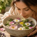 Ragazza che annusa una ciotola con acqua, petali e fiori naturali ispirati ai Fiori di Bach